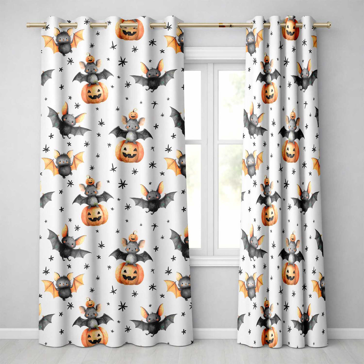 Cute Halloween Bats Sitting on Pumpkins with Stars Beige Background  Pattern  Readymade Eyelet Ring Top Thermal 100% Blackout Curtains