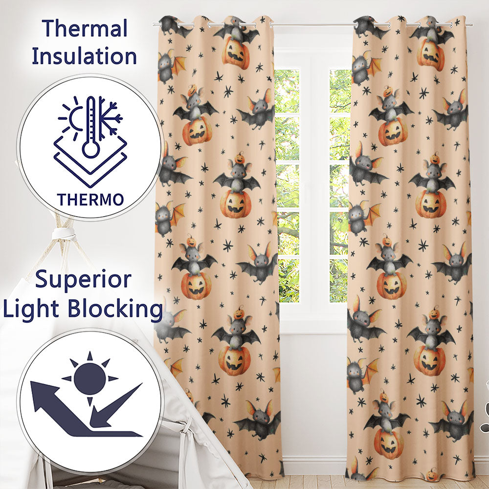 Cute Halloween Bats Sitting on Pumpkins with Stars Light Peach Background  Pattern  Readymade Eyelet Ring Top Thermal 100% Blackout Curtains
