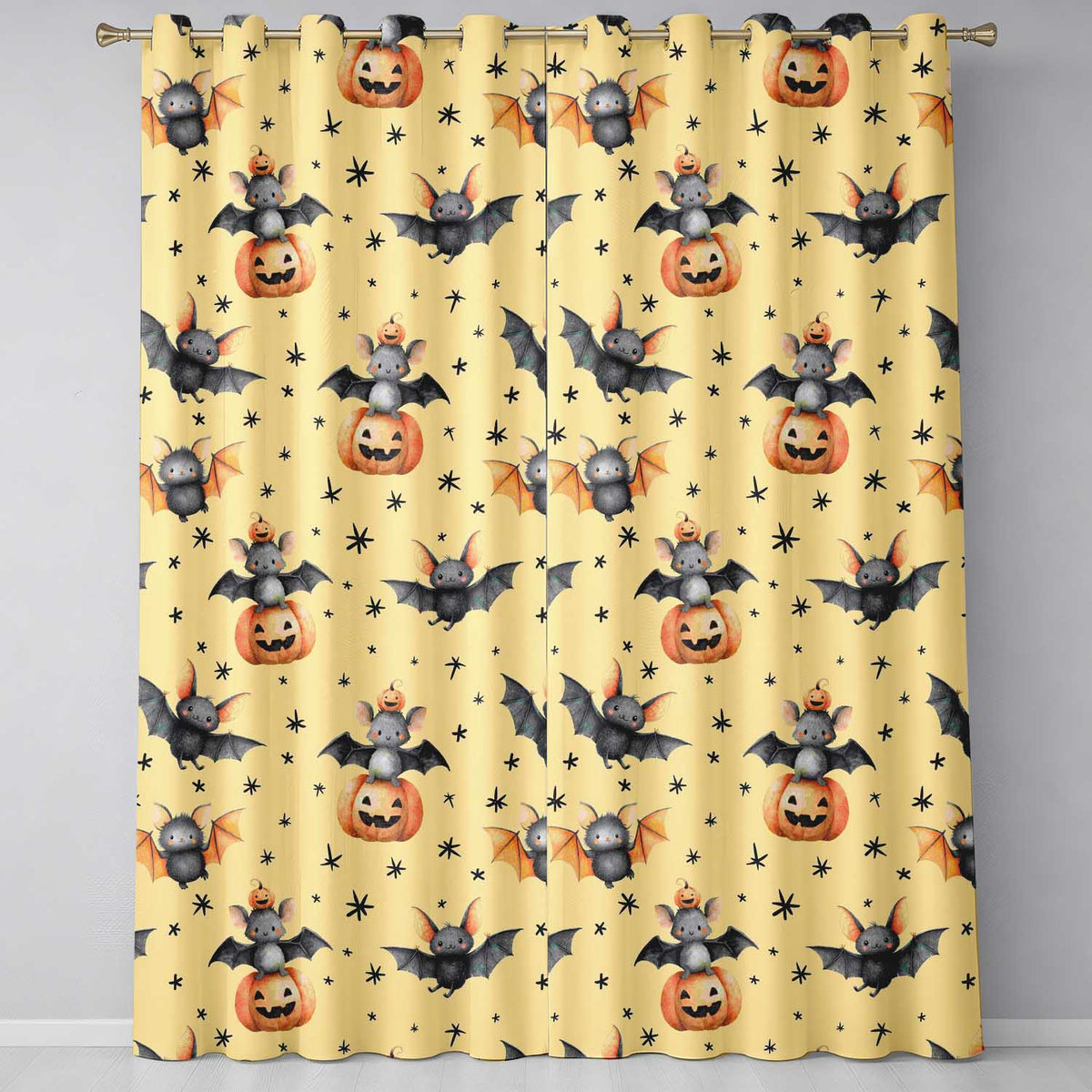 Cute Halloween Bats Sitting on Pumpkins with Stars Yellow Background  Pattern  Readymade Eyelet Ring Top Thermal 100% Blackout Curtains