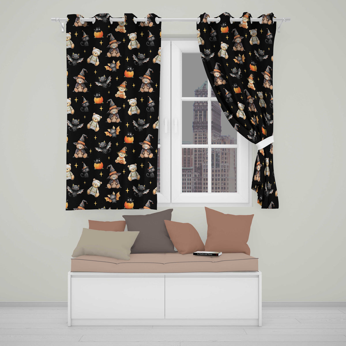 Cute Halloween Teddy Bears Mummy Witch Cat Pumpkin Stars Black Background   Readymade Eyelet Ring Top Thermal 100% Blackout Curtains