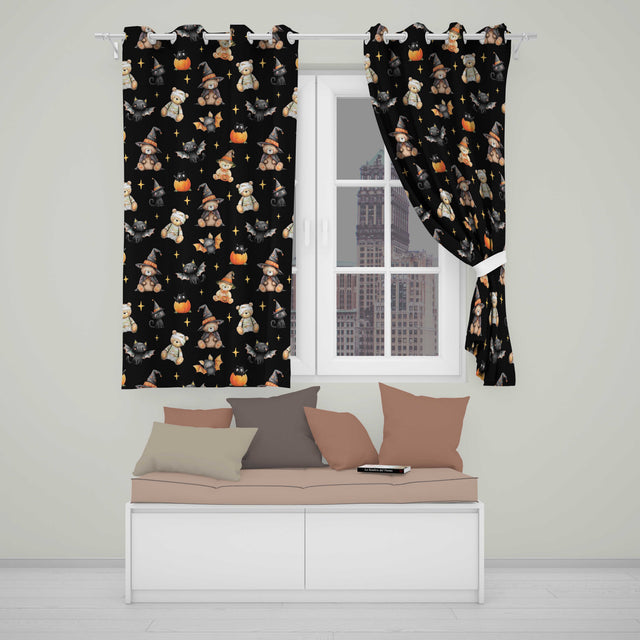 Cute Halloween Teddy Bears Mummy Witch Cat Pumpkin Stars Black Background   Readymade Eyelet Ring Top Thermal 100% Blackout Curtains