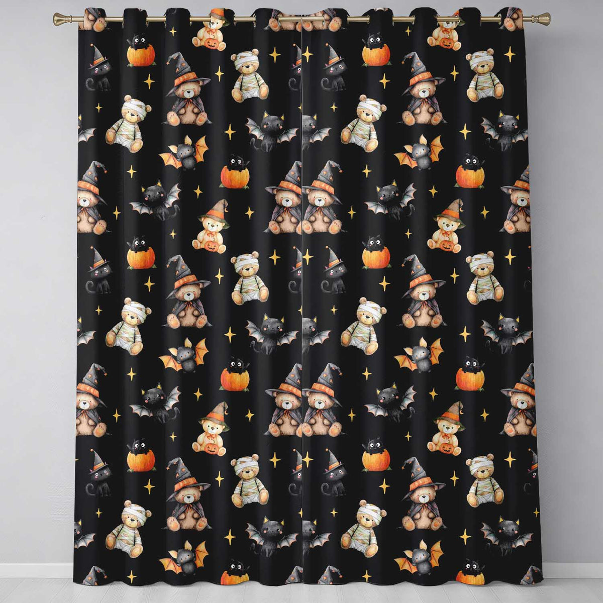 Cute Halloween Teddy Bears Mummy Witch Cat Pumpkin Stars Black Background   Readymade Eyelet Ring Top Thermal 100% Blackout Curtains