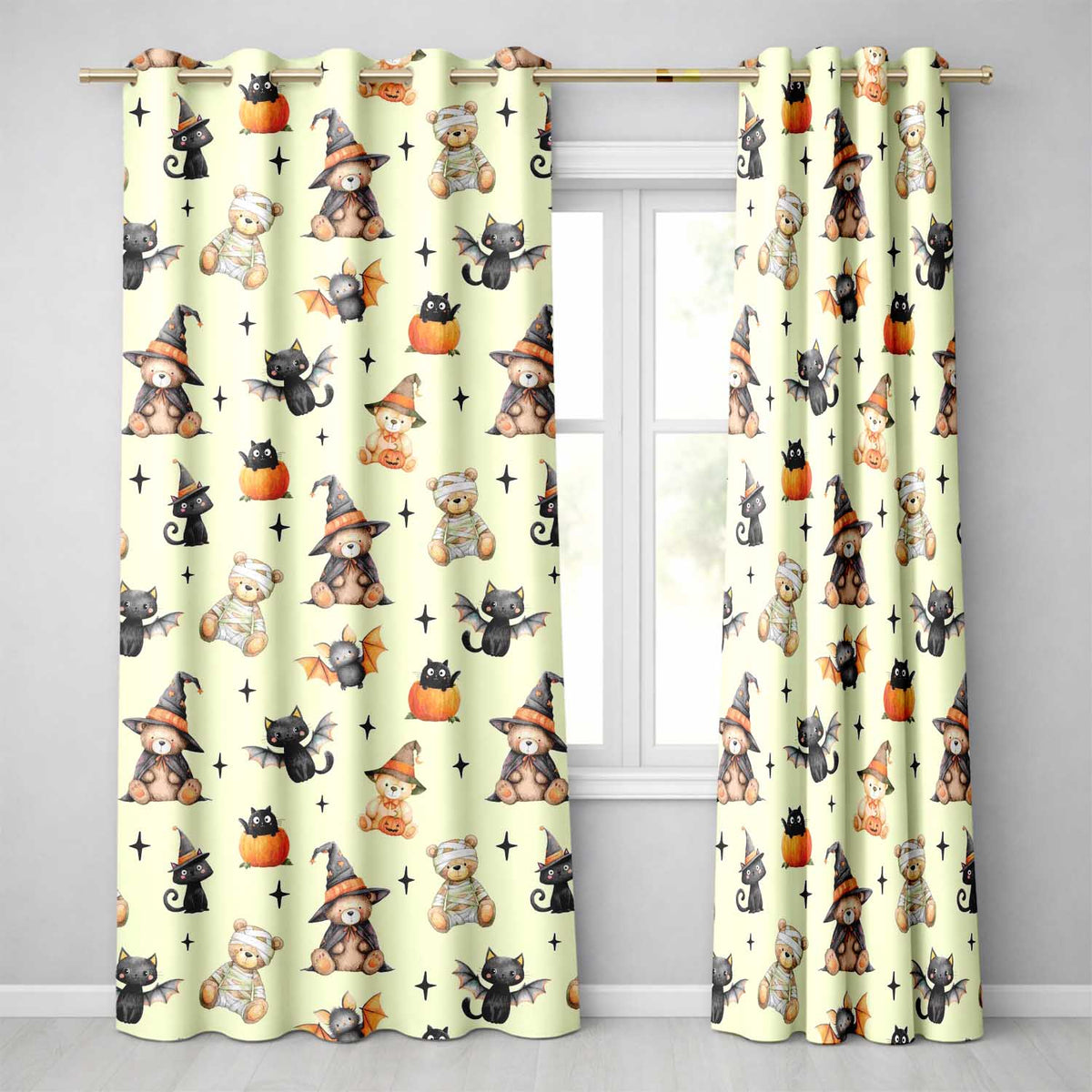 Cute Halloween Teddy Bears Mummy Witch Cat Pumpkin Stars Cream Background   Readymade Eyelet Ring Top Thermal 100% Blackout Curtains
