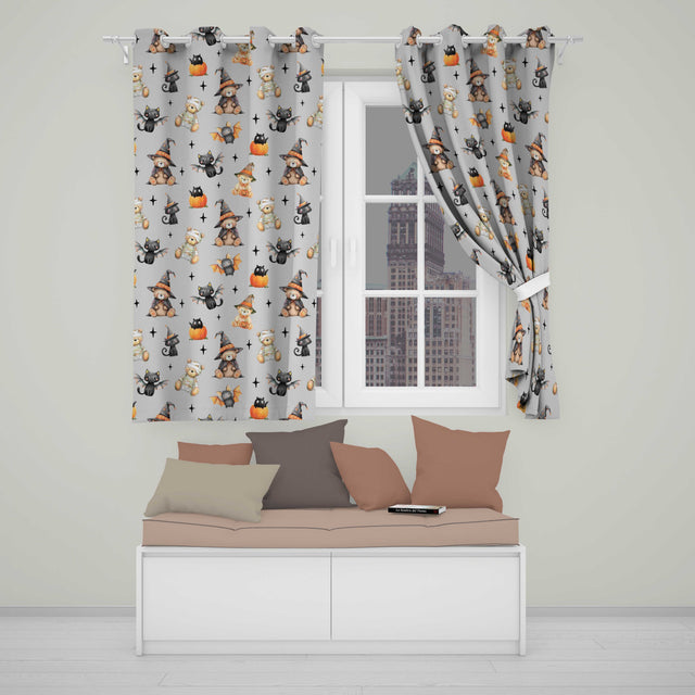 Cute Halloween Teddy Bears Mummy Witch Cat Pumpkin Stars Grey Background   Readymade Eyelet Ring Top Thermal 100% Blackout Curtains