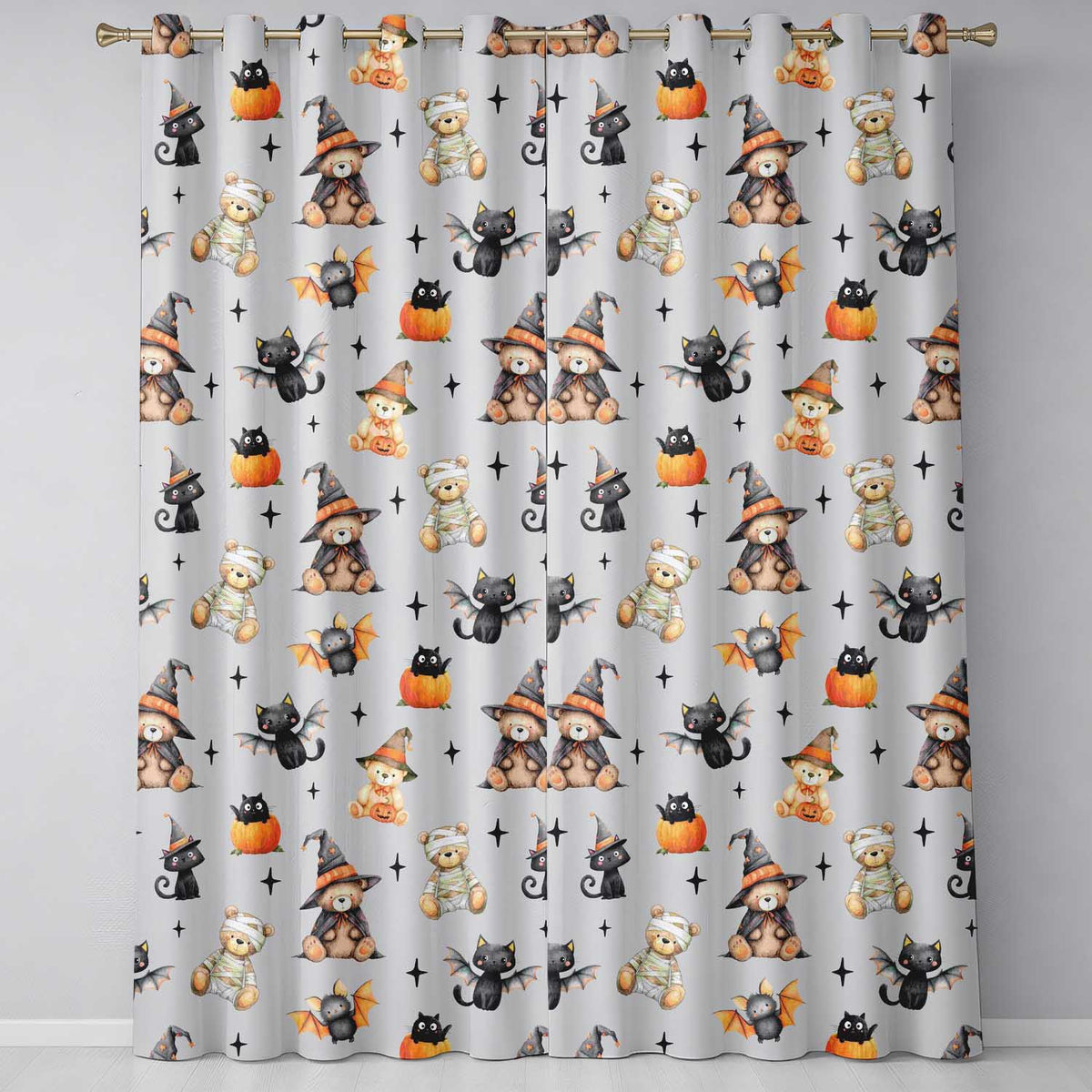 Cute Halloween Teddy Bears Mummy Witch Cat Pumpkin Stars Grey Background   Readymade Eyelet Ring Top Thermal 100% Blackout Curtains