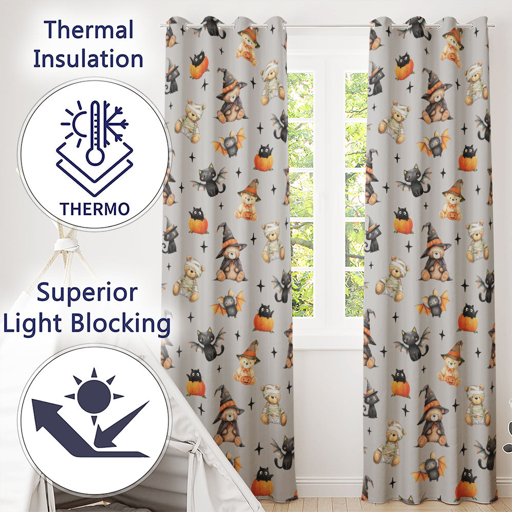 Cute Halloween Teddy Bears Mummy Witch Cat Pumpkin Stars Grey Background   Readymade Eyelet Ring Top Thermal 100% Blackout Curtains