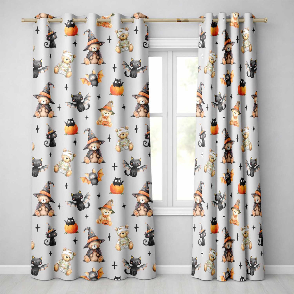 Cute Halloween Teddy Bears Mummy Witch Cat Pumpkin Stars Grey Background   Readymade Eyelet Ring Top Thermal 100% Blackout Curtains