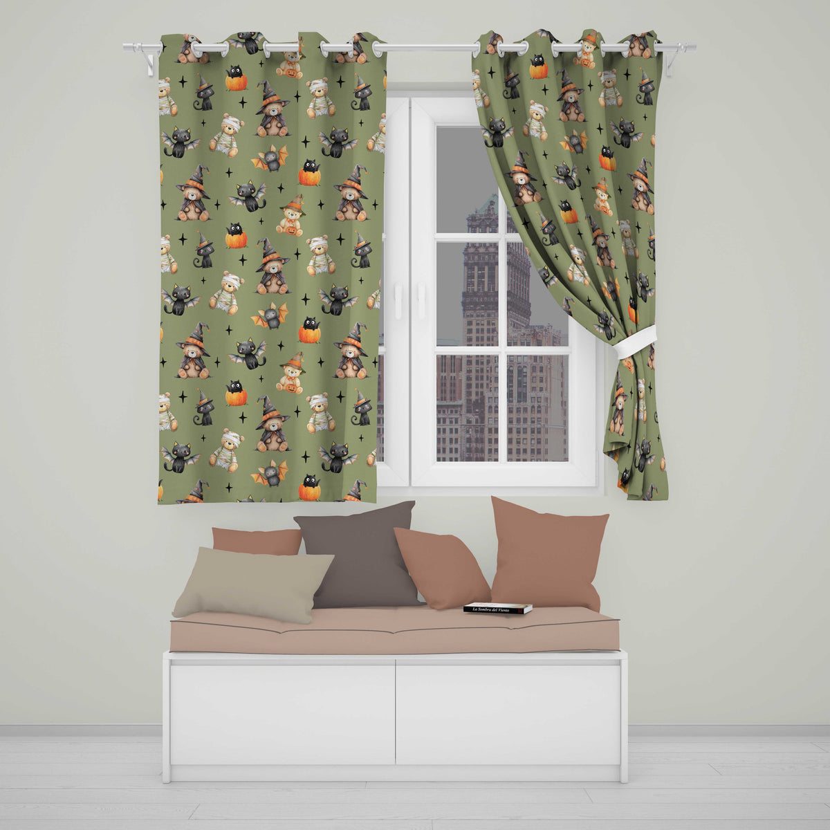 Cute Halloween Teddy Bears Mummy Witch Cat Pumpkin Stars Olive Background   Readymade Eyelet Ring Top Thermal 100% Blackout Curtains