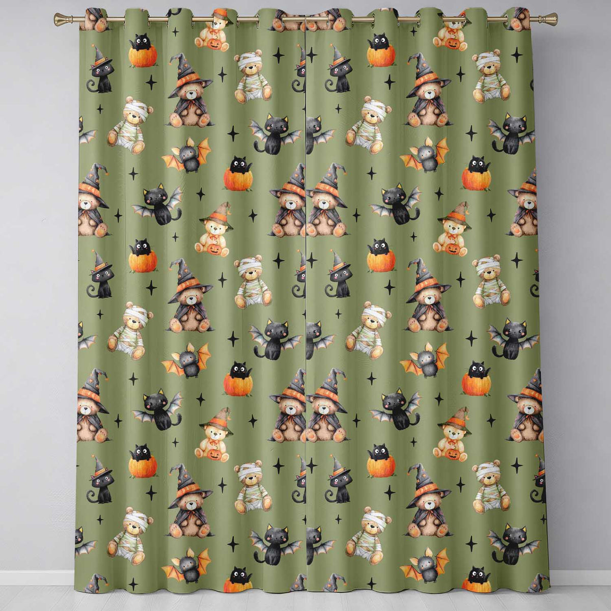 Cute Halloween Teddy Bears Mummy Witch Cat Pumpkin Stars Olive Background   Readymade Eyelet Ring Top Thermal 100% Blackout Curtains
