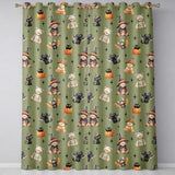 Cute Halloween Teddy Bears Mummy Witch Cat Pumpkin Stars Olive Background   Readymade Eyelet Ring Top Thermal 100% Blackout Curtains
