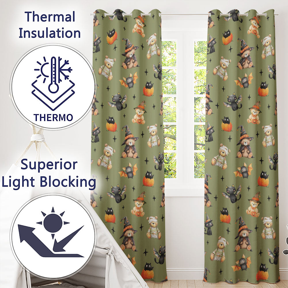 Cute Halloween Teddy Bears Mummy Witch Cat Pumpkin Stars Olive Background   Readymade Eyelet Ring Top Thermal 100% Blackout Curtains
