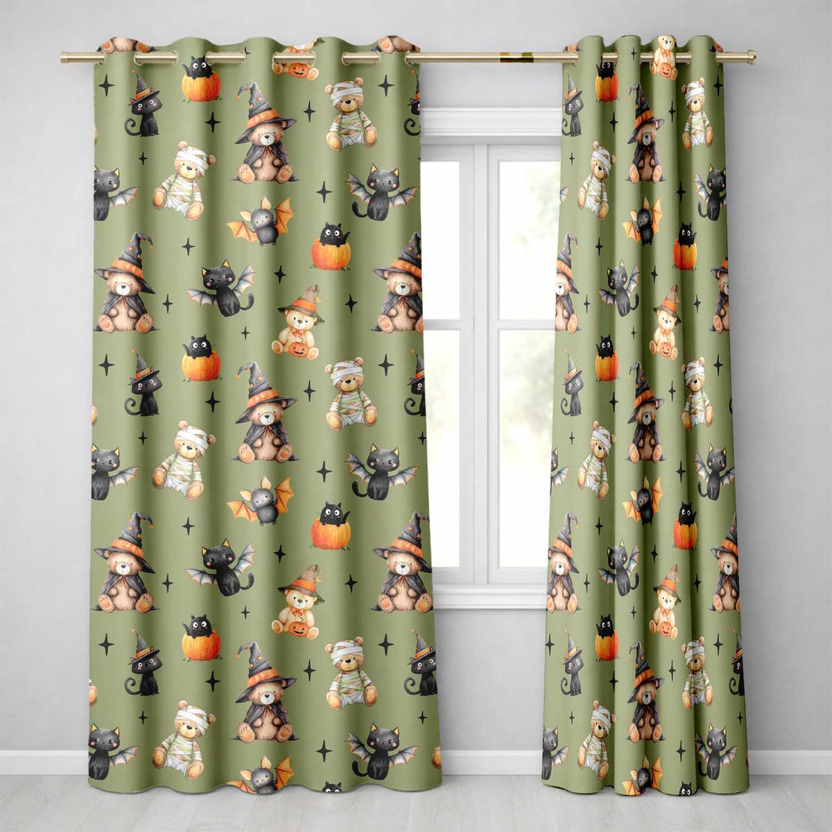 Cute Halloween Teddy Bears Mummy Witch Cat Pumpkin Stars Olive Background   Readymade Eyelet Ring Top Thermal 100% Blackout Curtains