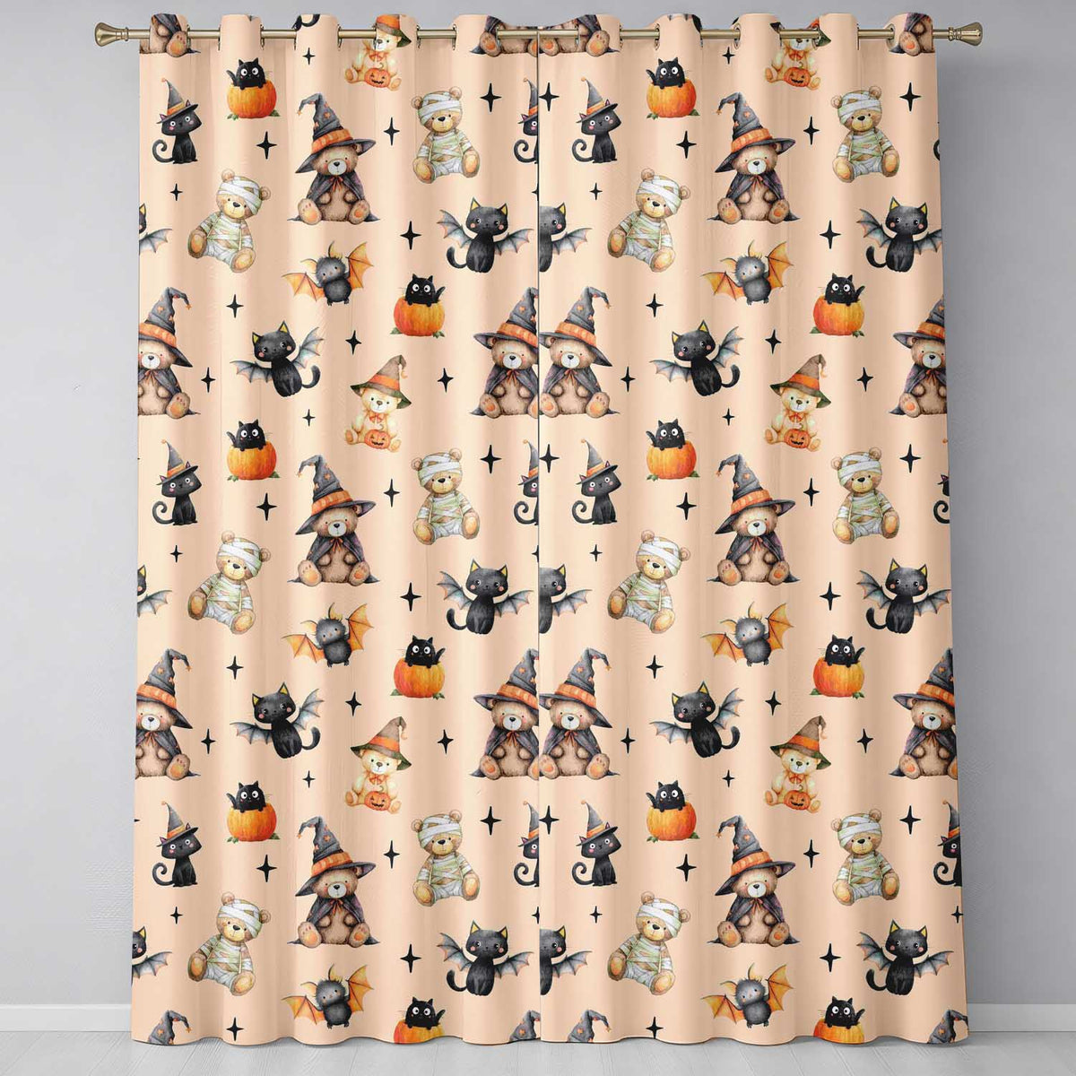 Cute Halloween Teddy Bears Mummy Witch Cat Pumpkin Stars Beige Background   Readymade Eyelet Ring Top Thermal 100% Blackout Curtains