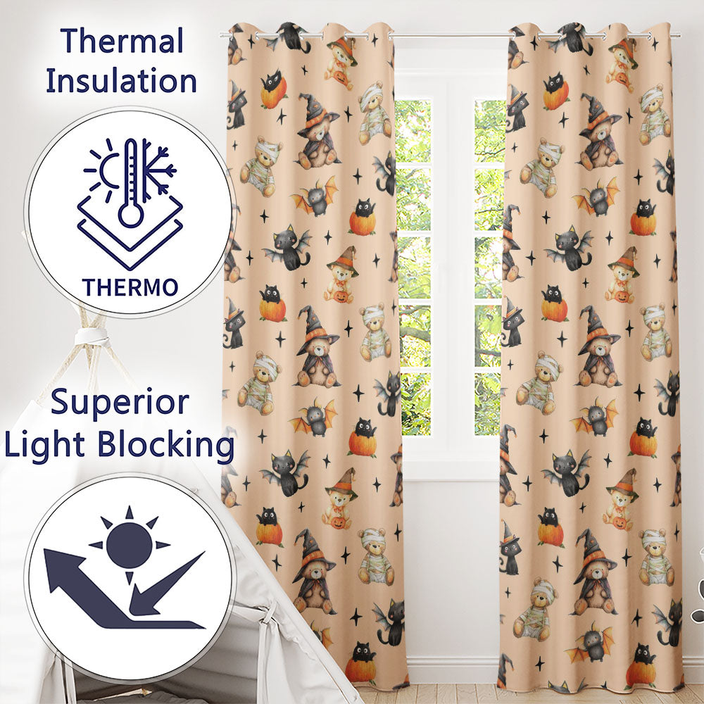 Cute Halloween Teddy Bears Mummy Witch Cat Pumpkin Stars Beige Background   Readymade Eyelet Ring Top Thermal 100% Blackout Curtains