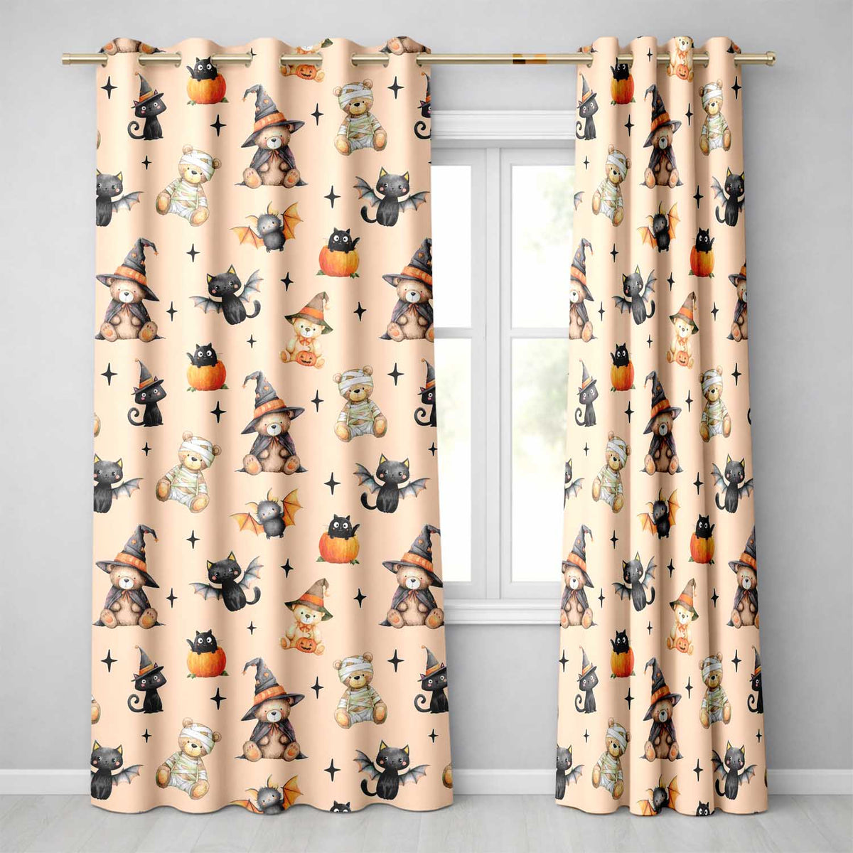 Cute Halloween Teddy Bears Mummy Witch Cat Pumpkin Stars Beige Background   Readymade Eyelet Ring Top Thermal 100% Blackout Curtains