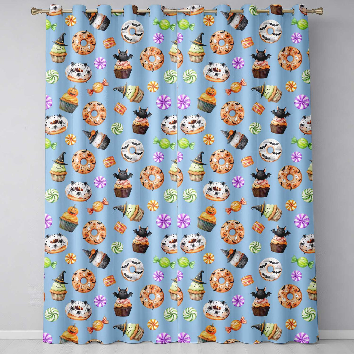 Cute Halloween Spooky Donut Cupcakes Treat Sky Blue Background Seamless Pattern  Readymade Eyelet Ring Top Thermal 100% Blackout Curtains