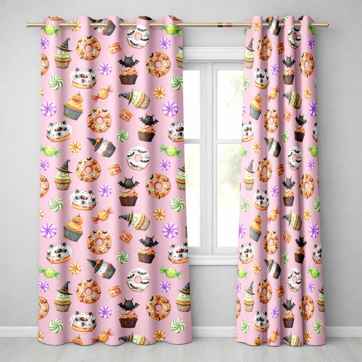 Cute Halloween Donuts Sweet Spooky Treats Pink Background Seamless Pattern  Readymade Eyelet Ring Top Thermal 100% Blackout Curtains