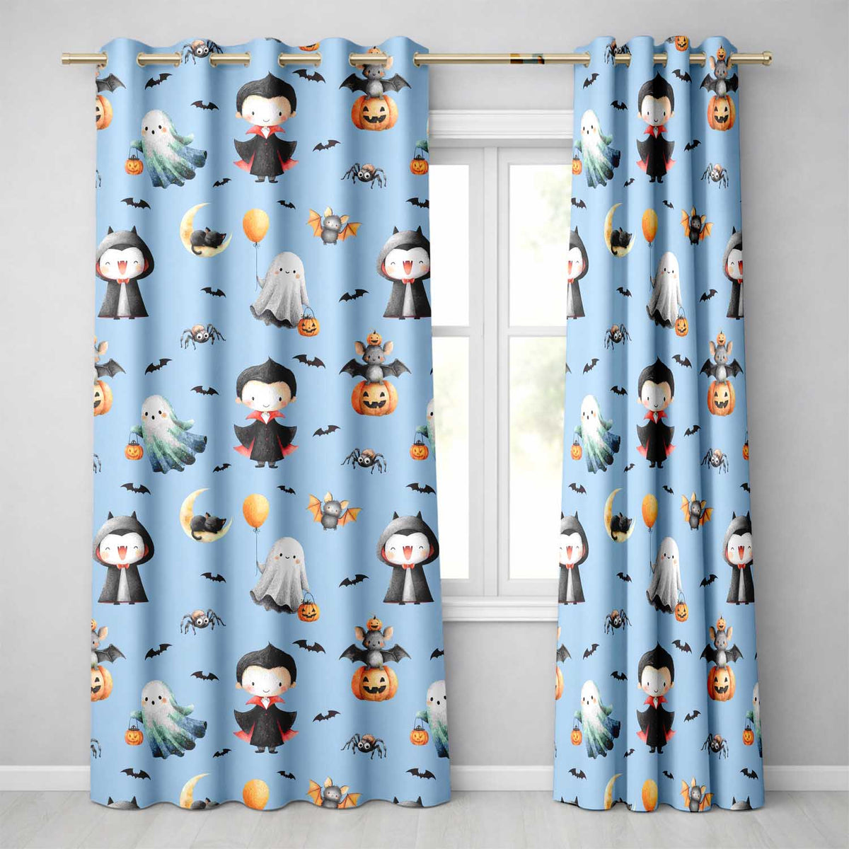 Cute Halloween Vampire Ghost Bats Spooky  Blue Background Seamless Pattern  Readymade Eyelet Ring Top Thermal 100% Blackout Curtains