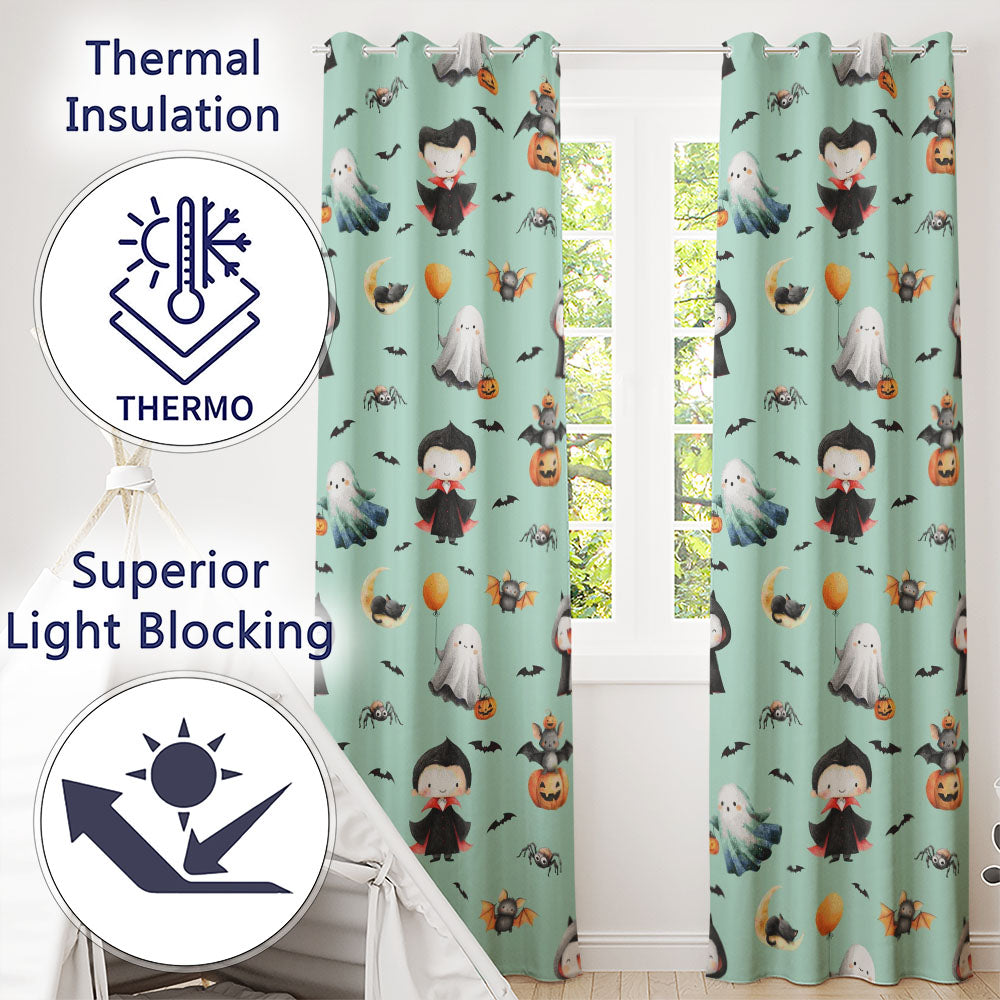 Halloween Vampire Ghost Bats Spooky Characters Mint Green Seamless Pattern  Readymade Eyelet Ring Top Thermal 100% Blackout Curtains