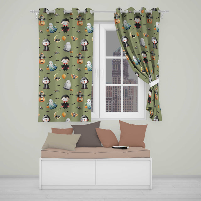 Halloween Vampire Ghost Bats Spooky Characters Olive Green  Seamless Pattern  Readymade Eyelet Ring Top Thermal 100% Blackout Curtains