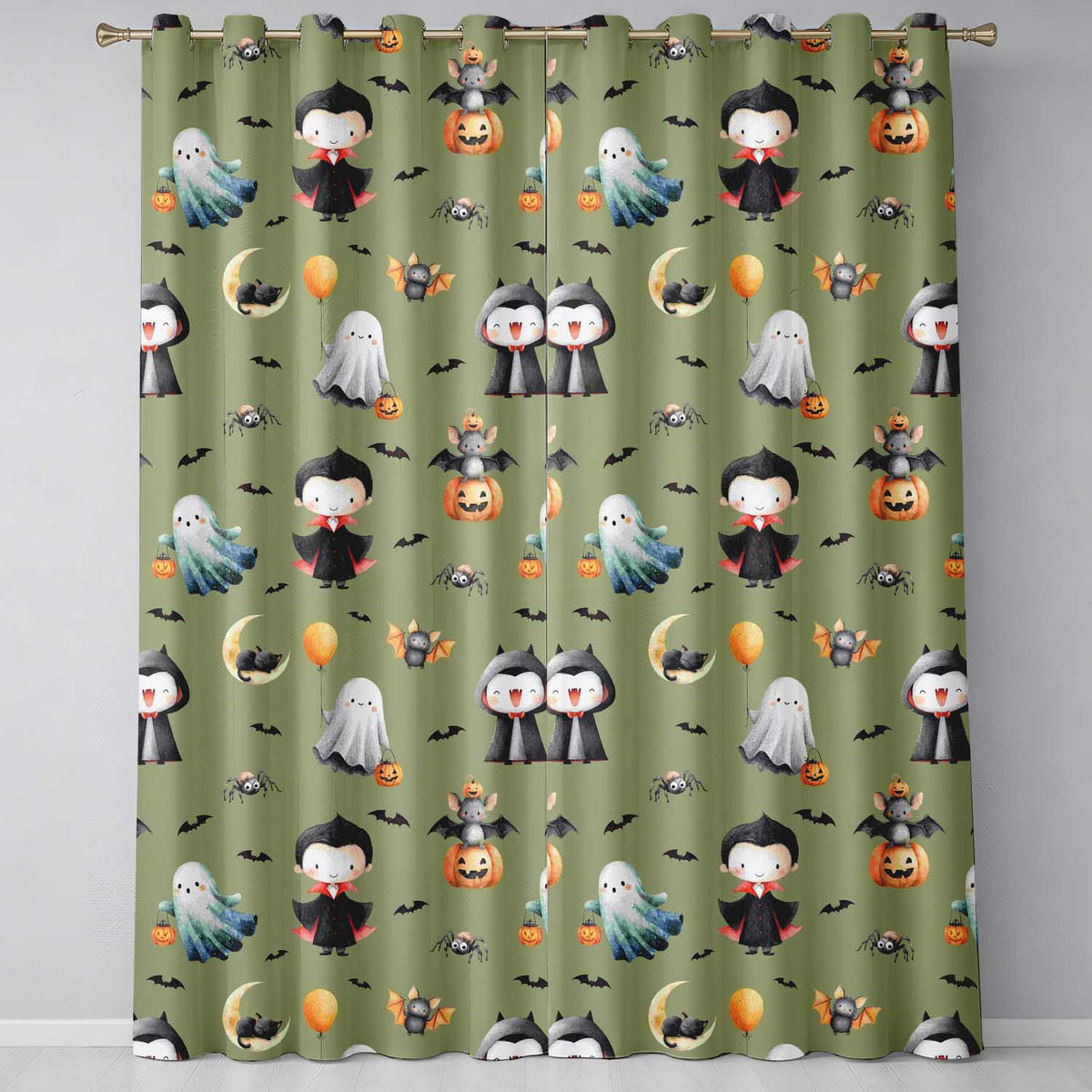 Halloween Vampire Ghost Bats Spooky Characters Olive Green  Seamless Pattern  Readymade Eyelet Ring Top Thermal 100% Blackout Curtains