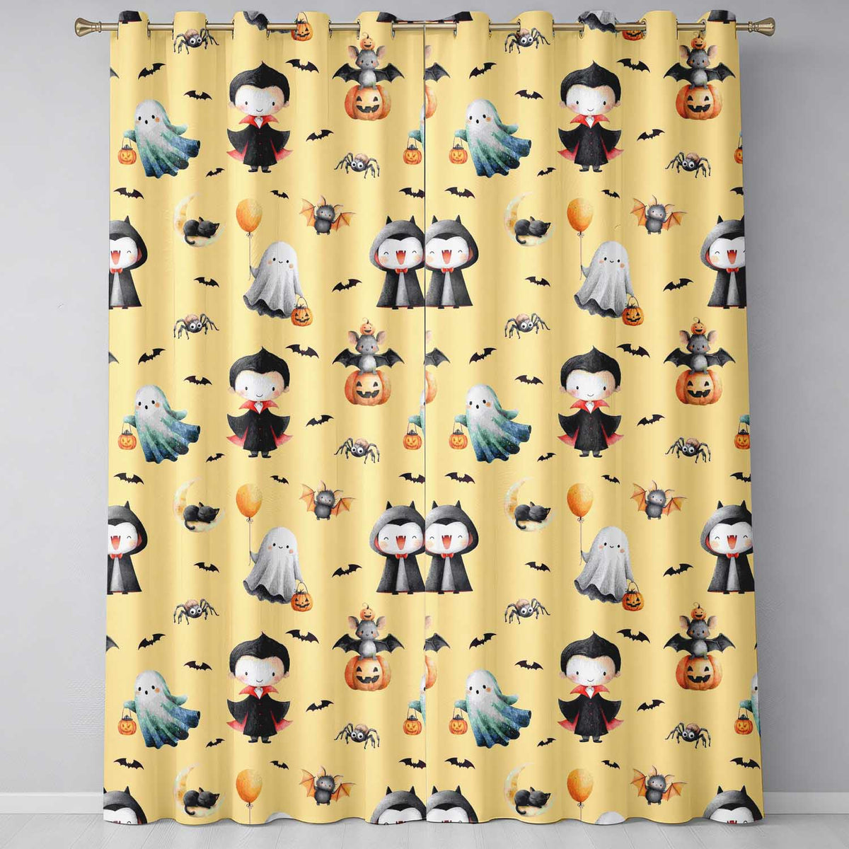 Halloween Vampire Ghost Bats Spooky Characters Warm Yellow  Seamless Pattern  Readymade Eyelet Ring Top Thermal 100% Blackout Curtains