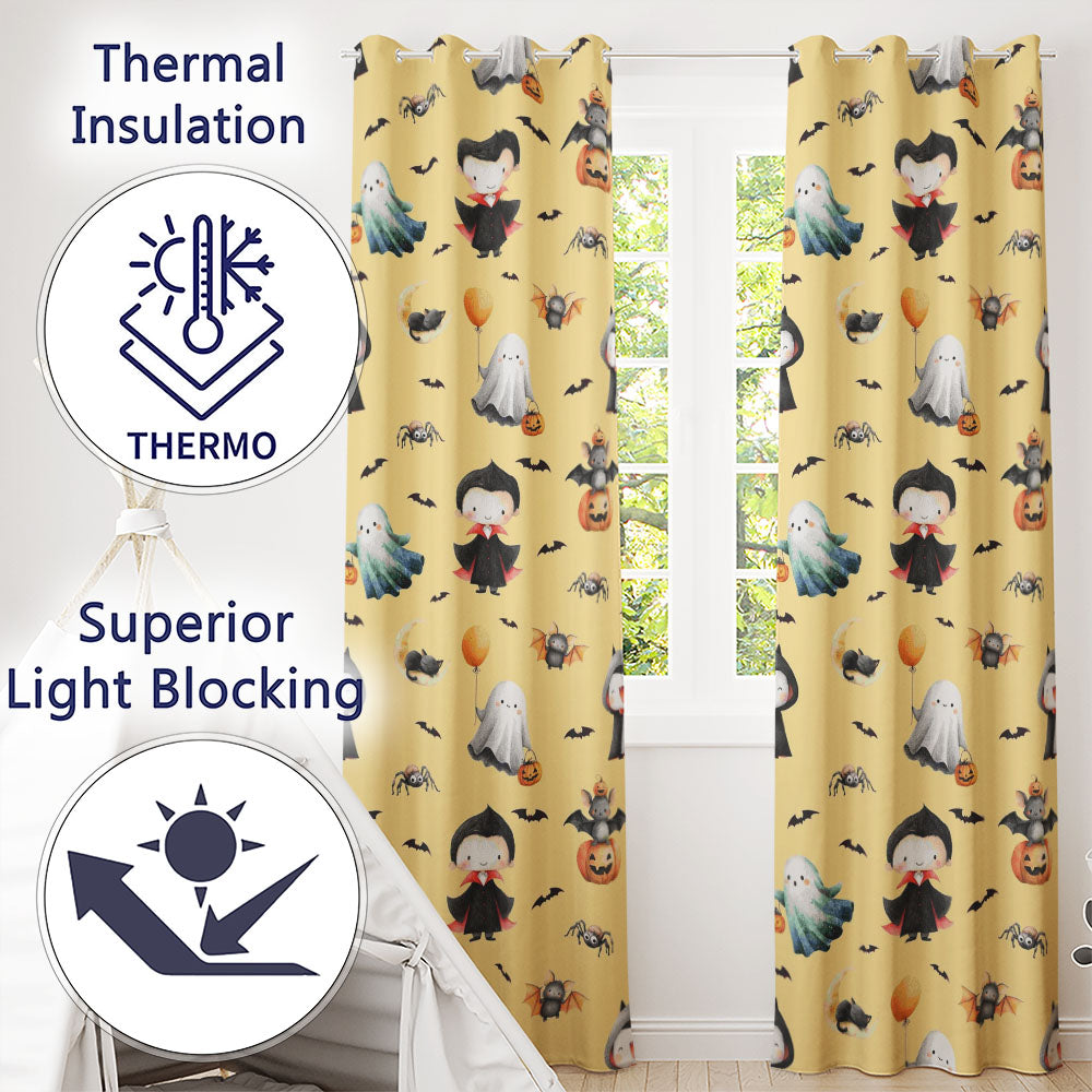 Halloween Vampire Ghost Bats Spooky Characters Warm Yellow  Seamless Pattern  Readymade Eyelet Ring Top Thermal 100% Blackout Curtains