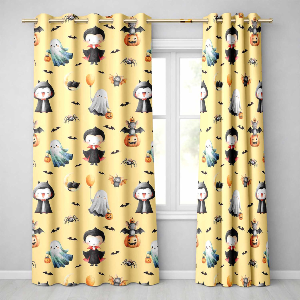 Halloween Vampire Ghost Bats Spooky Characters Warm Yellow  Seamless Pattern  Readymade Eyelet Ring Top Thermal 100% Blackout Curtains
