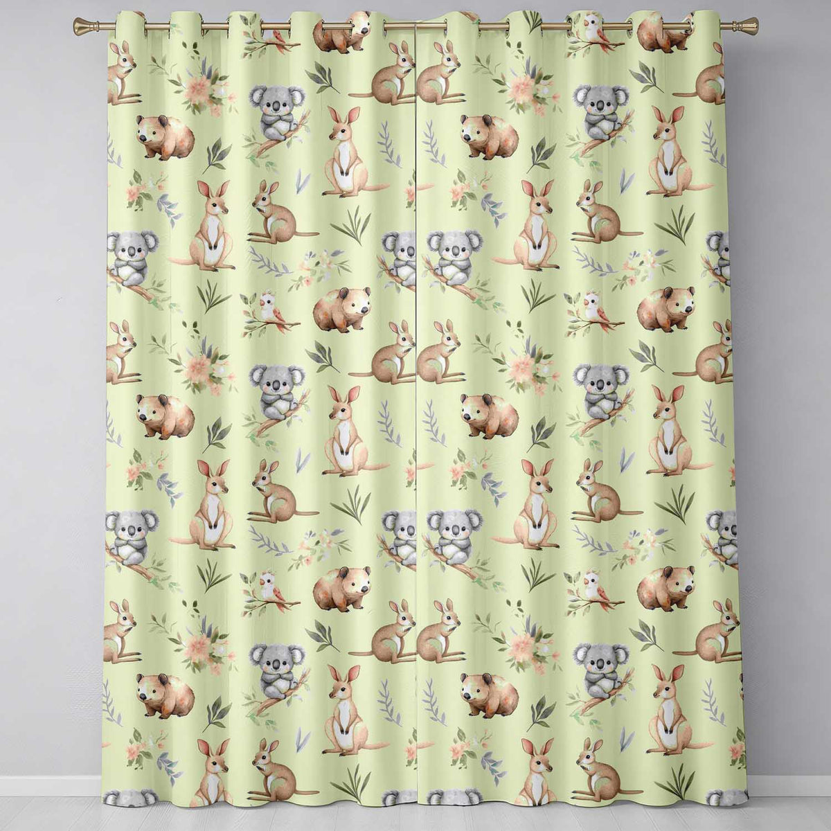 Woodland Animals Koala Kangaroo Bear Floral Sage Green  Seamless Pattern  Readymade Eyelet Ring Top Thermal 100% Blackout Curtains