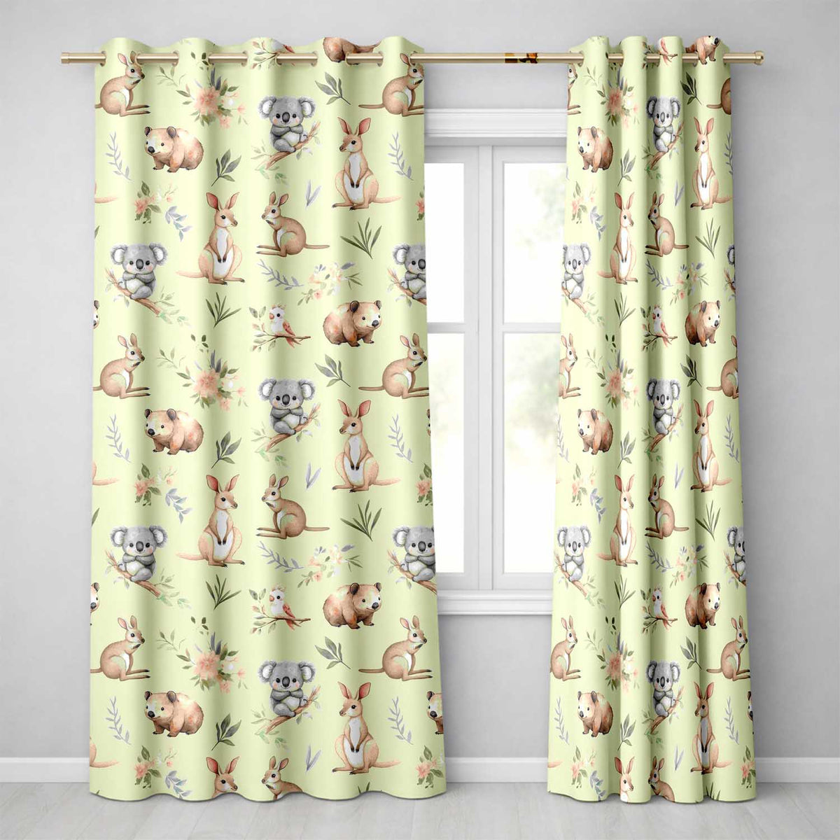 Woodland Animals Koala Kangaroo Bear Floral Sage Green  Seamless Pattern  Readymade Eyelet Ring Top Thermal 100% Blackout Curtains