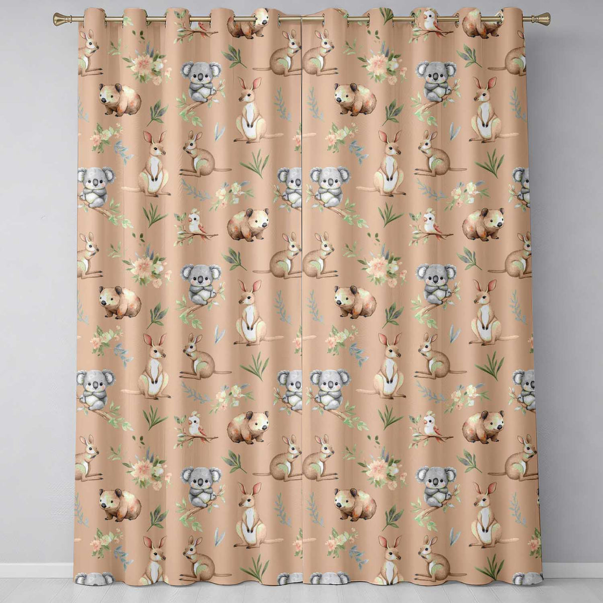 Woodland Animals Koala Kangaroo Bear Floral Warm Taupe  Seamless Pattern  Readymade Eyelet Ring Top Thermal 100% Blackout Curtains