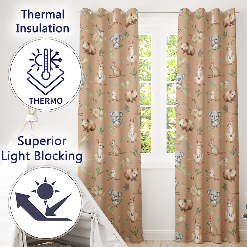 Woodland Animals Koala Kangaroo Bear Floral Warm Taupe  Seamless Pattern  Readymade Eyelet Ring Top Thermal 100% Blackout Curtains