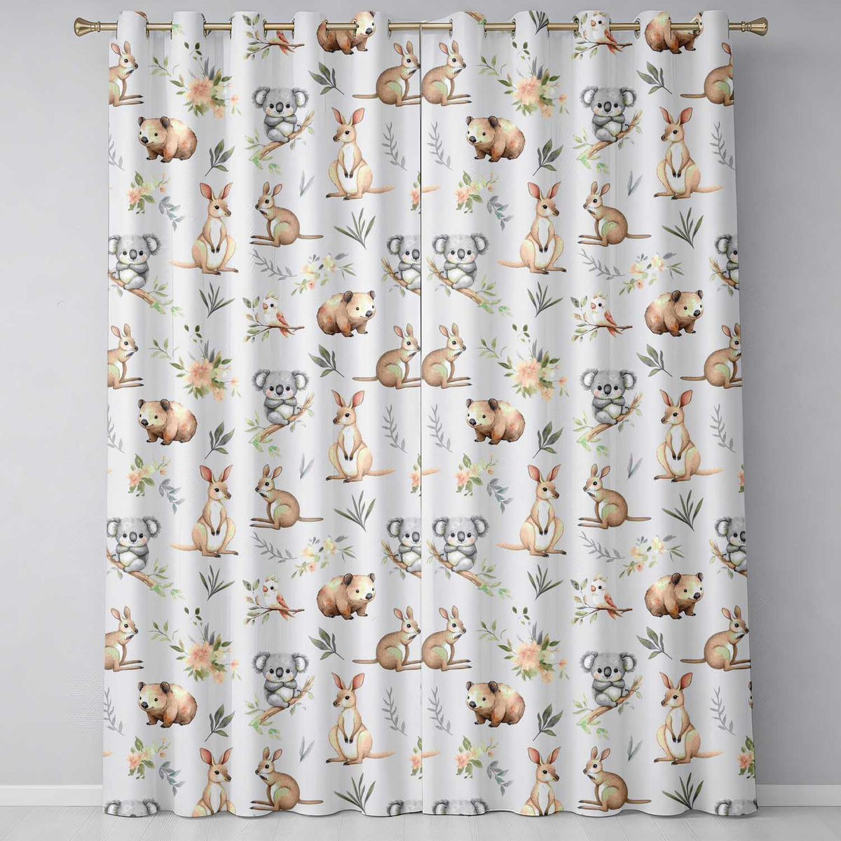 Woodland Animals Koala Kangaroo Bear Floral Dusty Grey Seamless Pattern  Readymade Eyelet Ring Top Thermal 100% Blackout Curtains