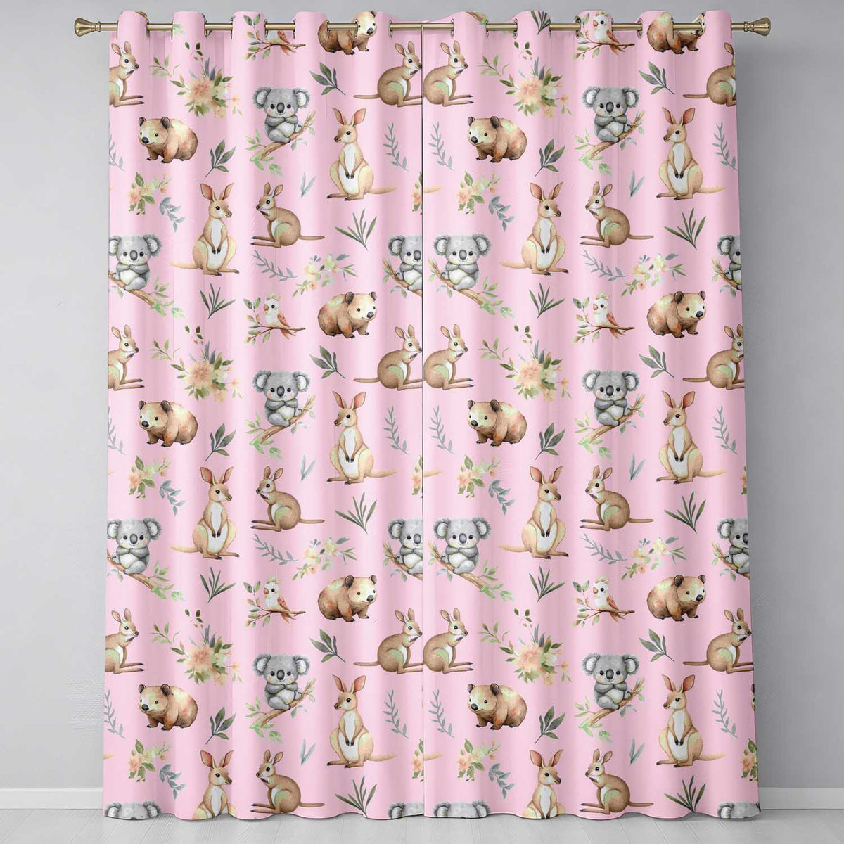 Woodland Animals Koala Kangaroo Bear Floral Blush Pink  Seamless Pattern  Readymade Eyelet Ring Top Thermal 100% Blackout Curtains