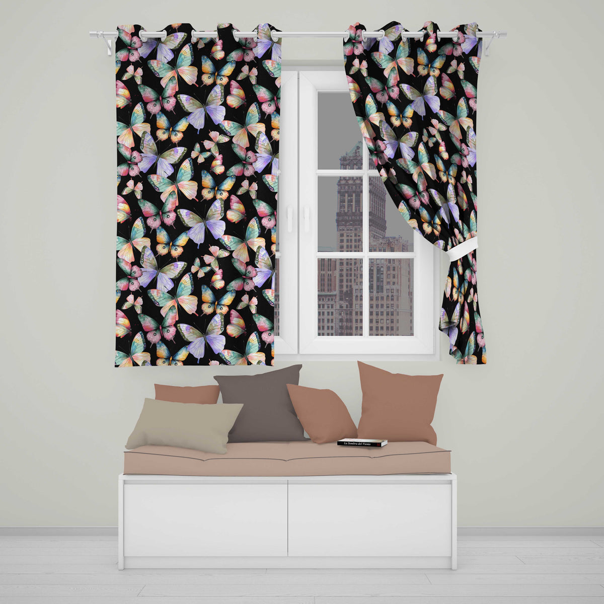 Colorful Watercolor Butterflies on Black Background Seamless Pattern  Readymade Eyelet Ring Top Thermal 100% Blackout Curtains
