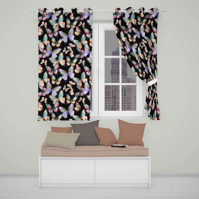 Colorful Watercolor Butterflies on Black Background Seamless Pattern  Readymade Eyelet Ring Top Thermal 100% Blackout Curtains