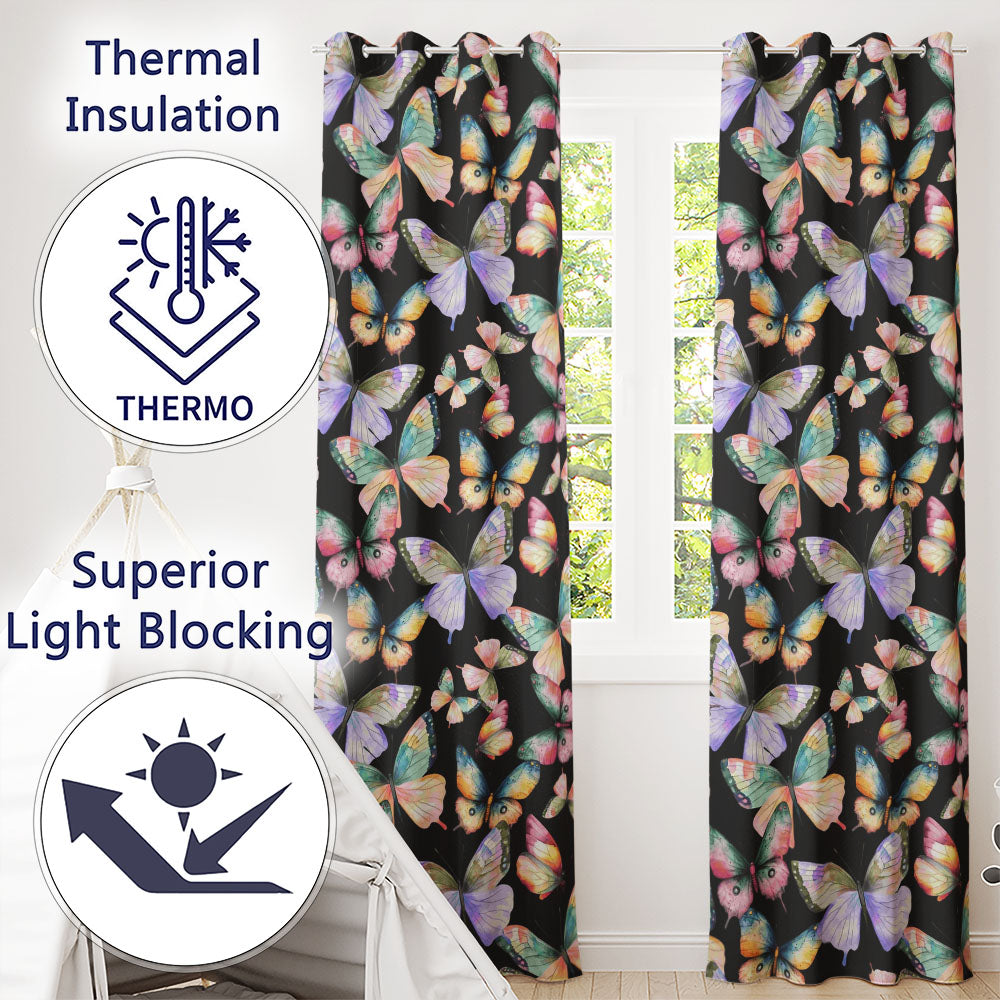 Colorful Watercolor Butterflies on Black Background Seamless Pattern  Readymade Eyelet Ring Top Thermal 100% Blackout Curtains