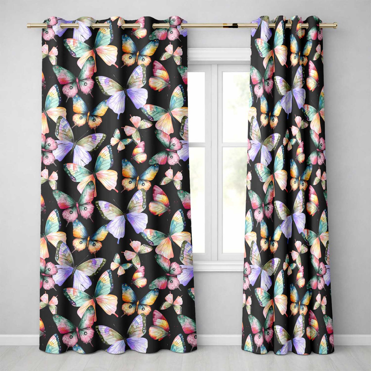 Colorful Watercolor Butterflies on Black Background Seamless Pattern  Readymade Eyelet Ring Top Thermal 100% Blackout Curtains