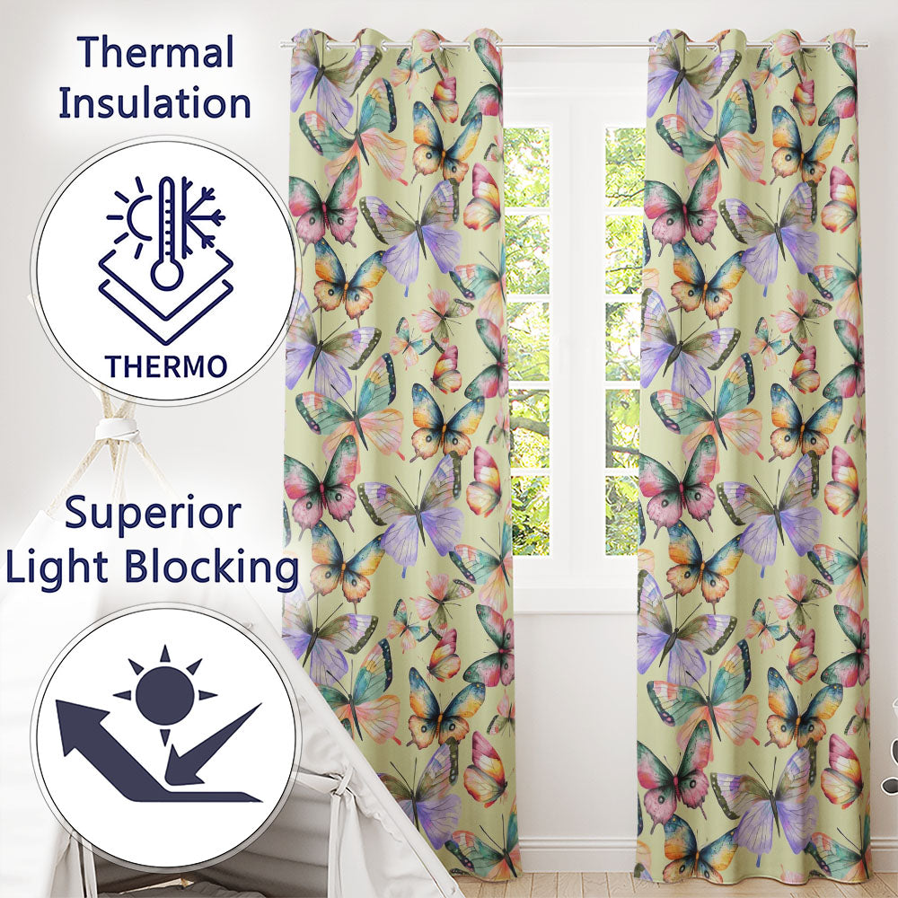 Colorful Watercolor Butterflies on Cream Background Seamless Pattern  Readymade Eyelet Ring Top Thermal 100% Blackout Curtains