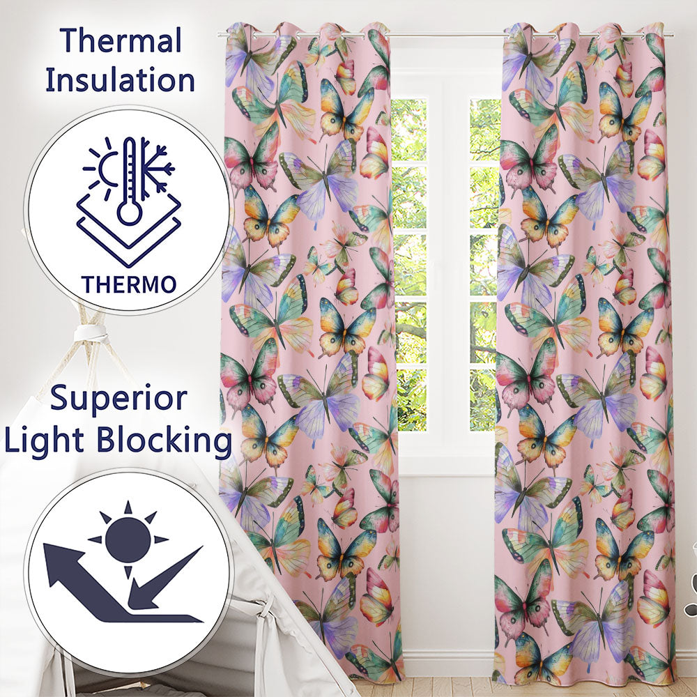 Colorful Watercolor Butterflies on Blush Pink Background Seamless Pattern  Readymade Eyelet Ring Top Thermal 100% Blackout Curtains