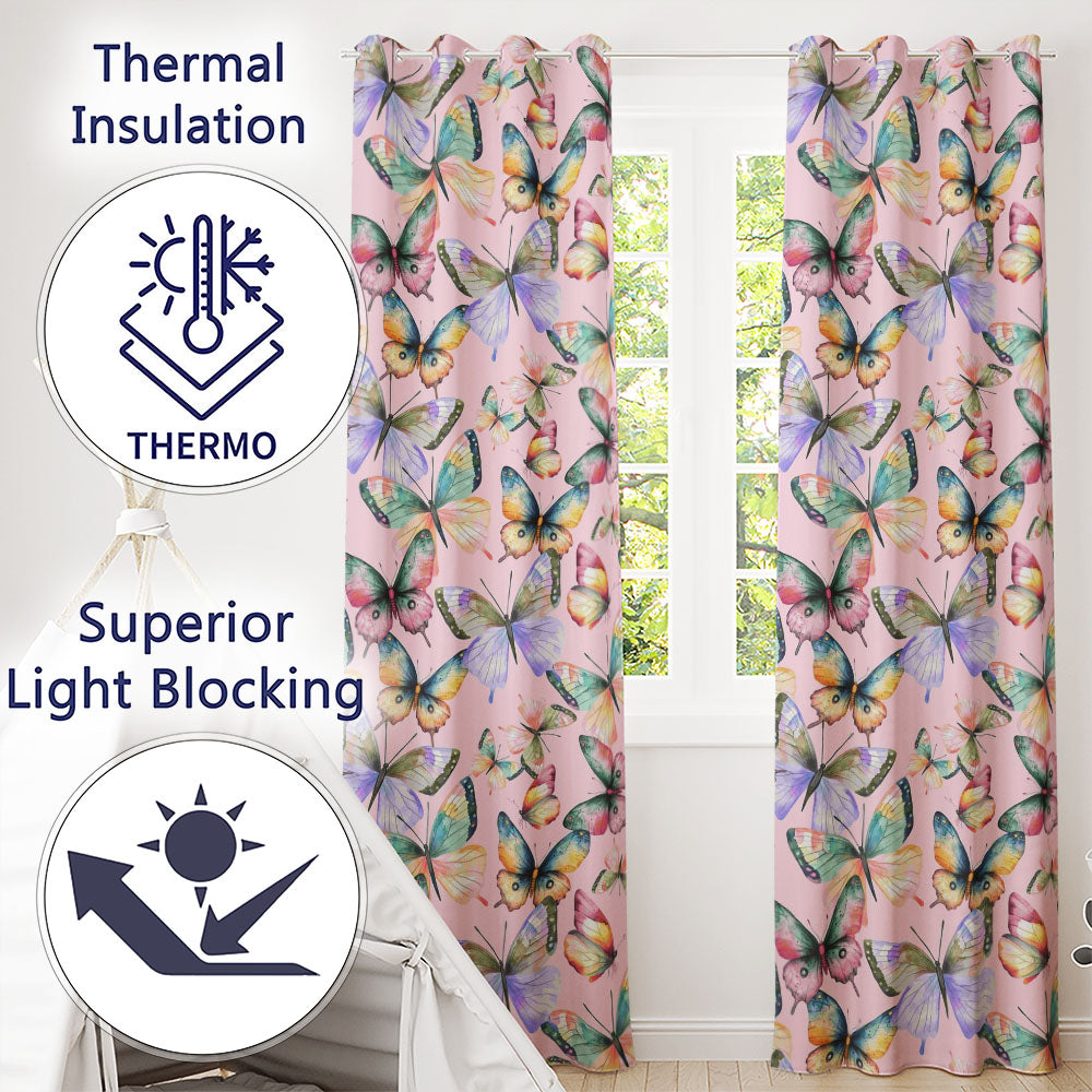 Colorful Watercolor Butterflies on Soft Pink Background Seamless Pattern  Readymade Eyelet Ring Top Thermal 100% Blackout Curtains