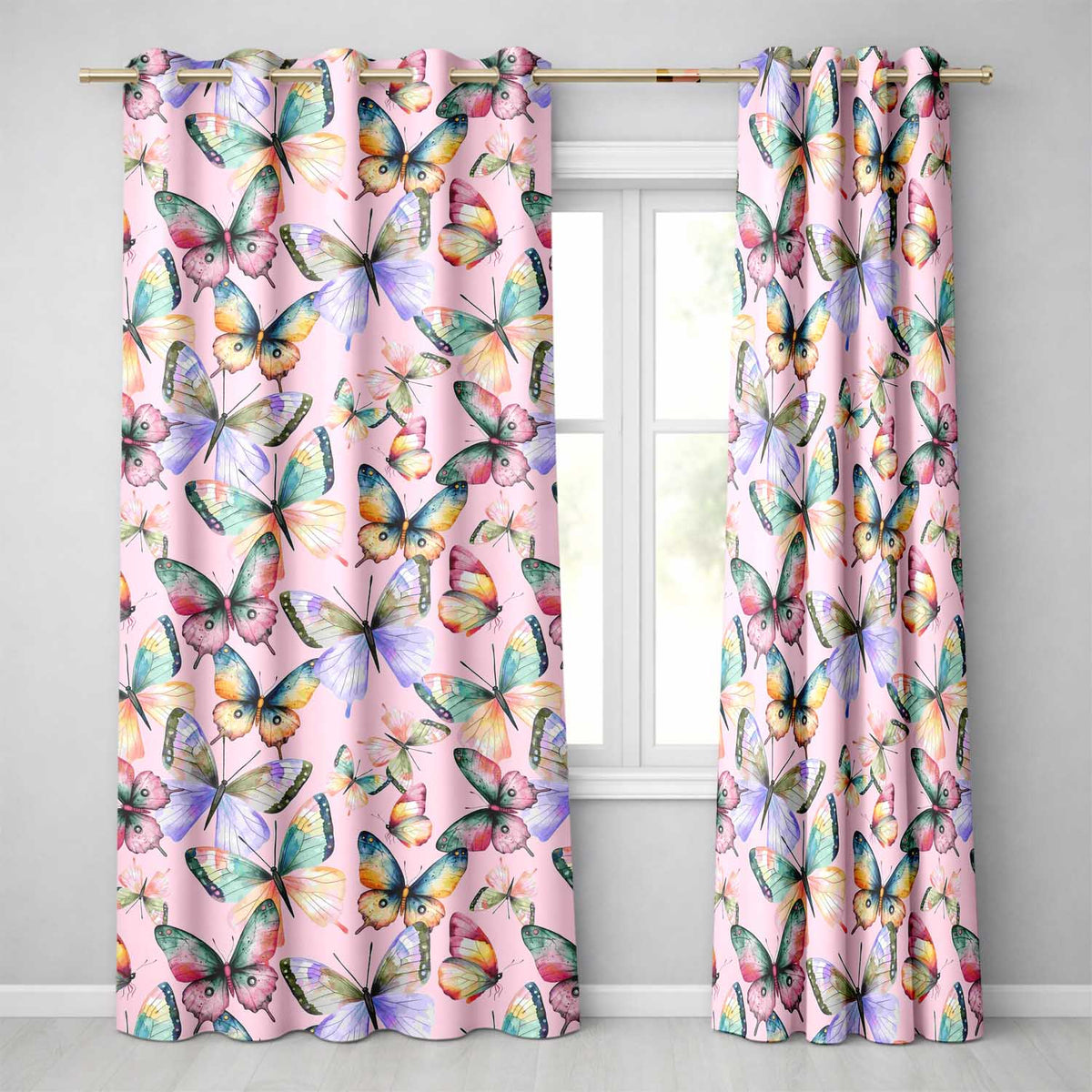 Colorful Watercolor Butterflies on Soft Pink Background Seamless Pattern  Readymade Eyelet Ring Top Thermal 100% Blackout Curtains
