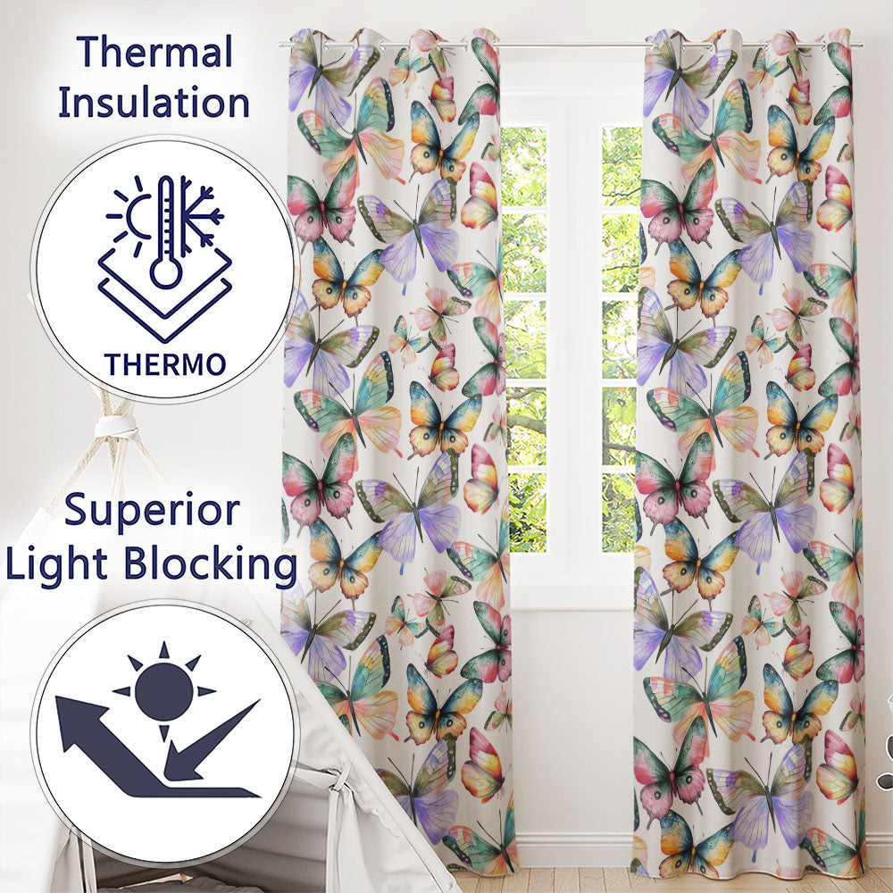 Colorful Watercolor Butterflies on White Background Seamless Pattern  Readymade Eyelet Ring Top Thermal 100% Blackout Curtains