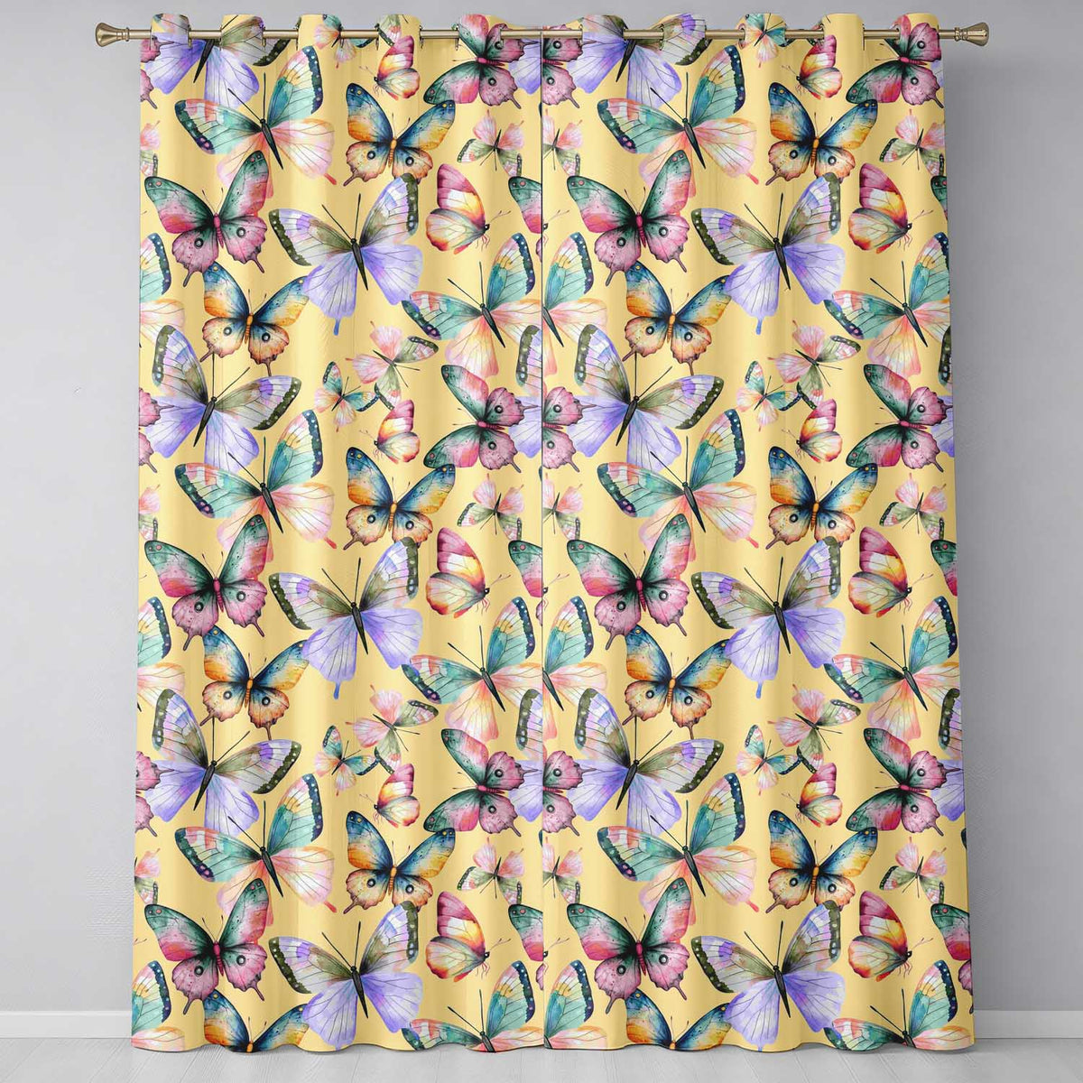 Colorful Watercolor Butterflies on Yellow Background Seamless Pattern  Readymade Eyelet Ring Top Thermal 100% Blackout Curtains