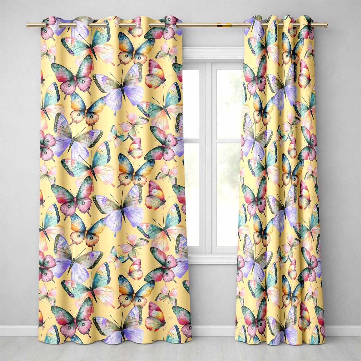 Colorful Watercolor Butterflies on Yellow Background Seamless Pattern  Readymade Eyelet Ring Top Thermal 100% Blackout Curtains