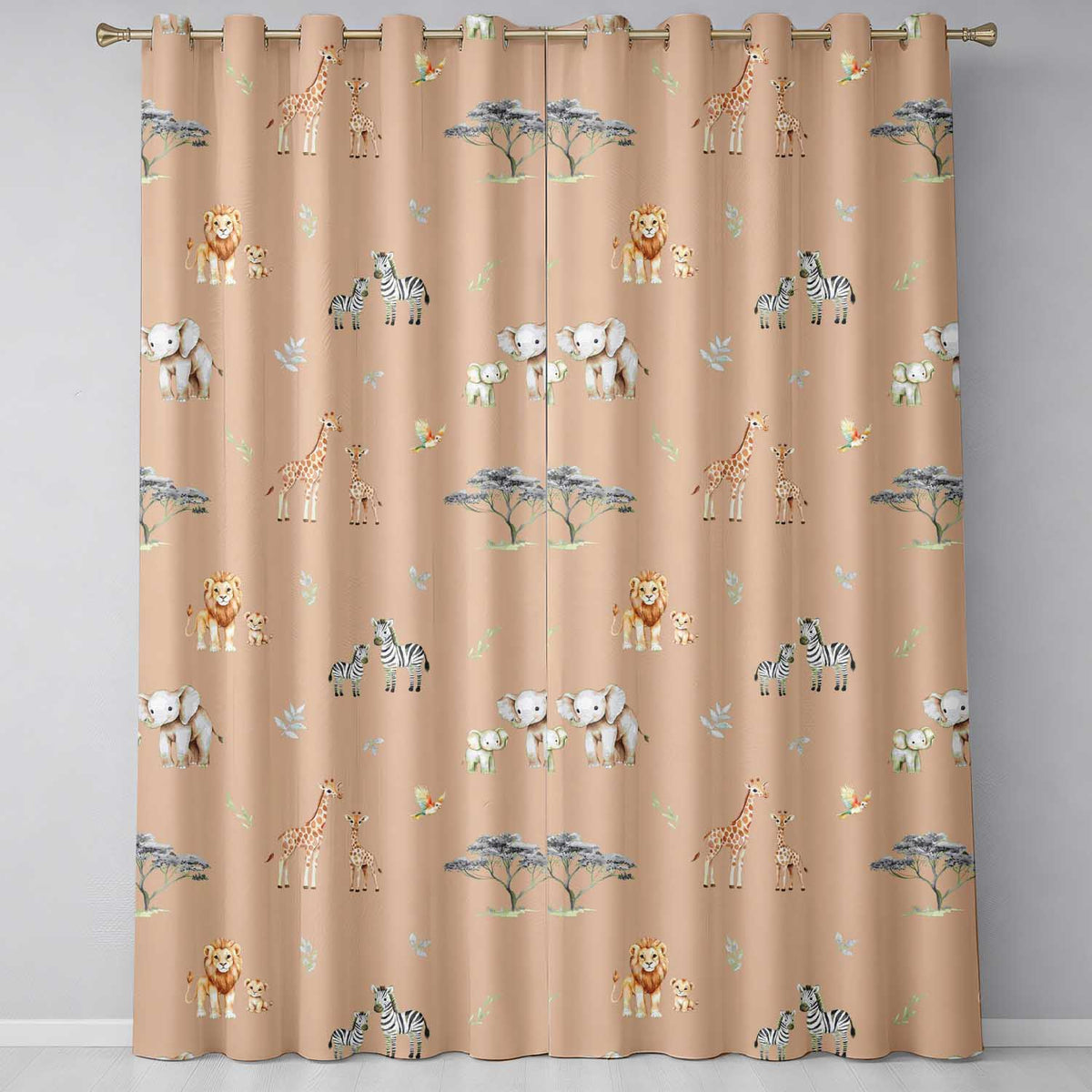 Cute Safari Animals Giraffe Lion Zebra on Beige Background Seamless Pattern  Readymade Eyelet Ring Top Thermal 100% Blackout Curtains
