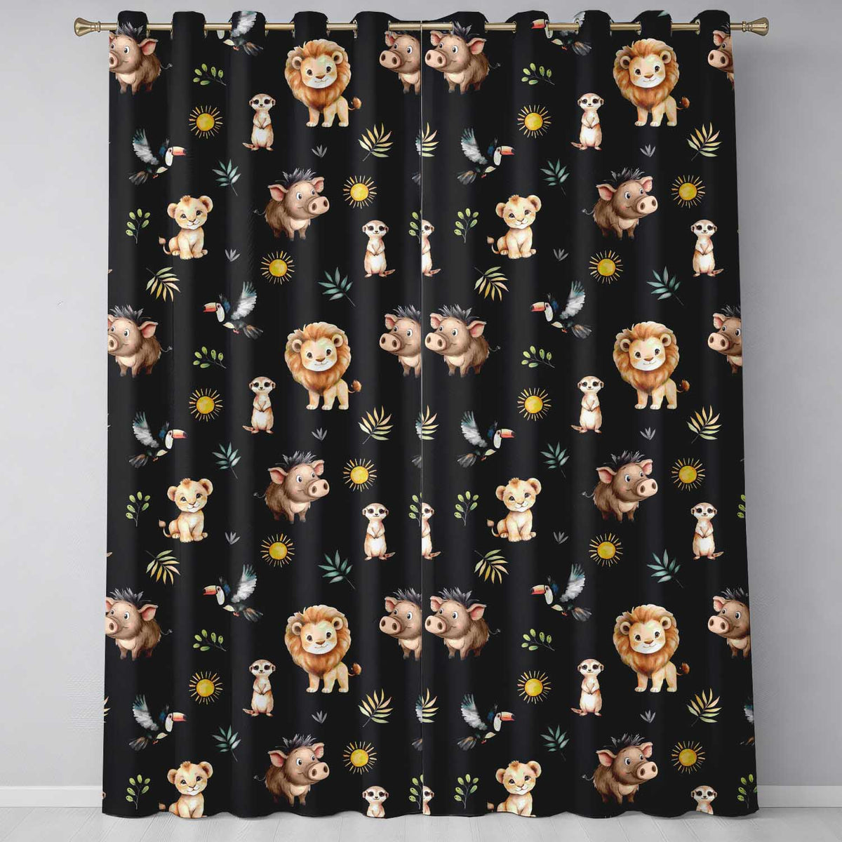 Jungle Animals Lion Meerkat Toucan Boar on Black  Seamless Pattern  Readymade Eyelet Ring Top Thermal 100% Blackout Curtains