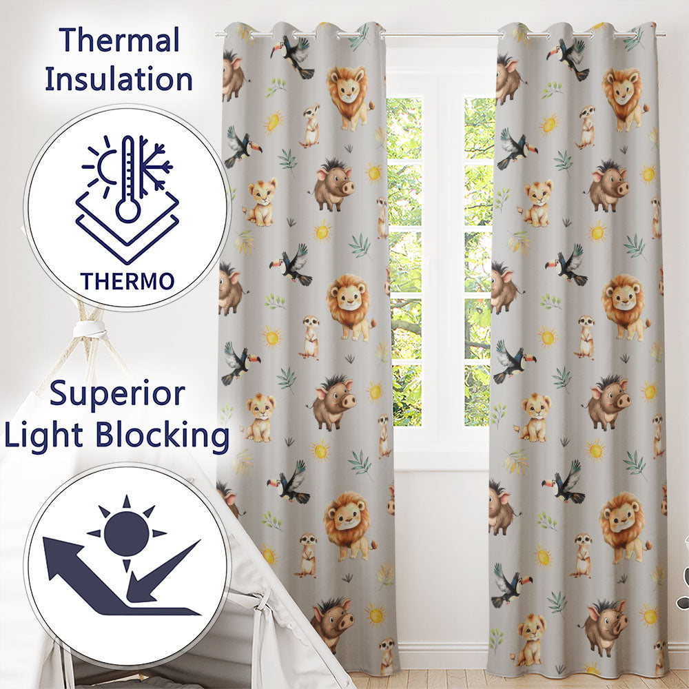 Jungle Animals Lion Meerkat Toucan Boar on Grey  Seamless Pattern  Readymade Eyelet Ring Top Thermal 100% Blackout Curtains