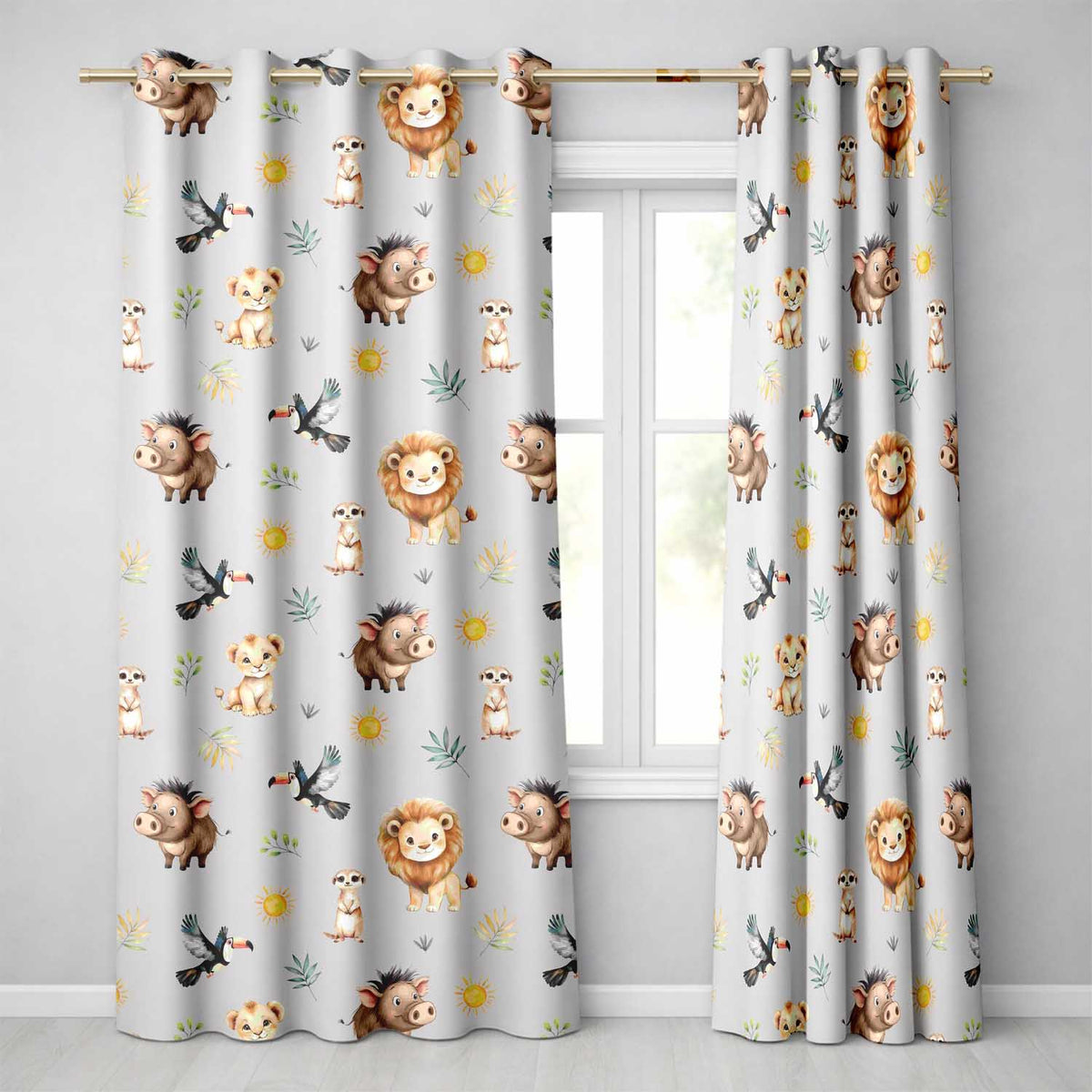 Jungle Animals Lion Meerkat Toucan Boar on Grey  Seamless Pattern  Readymade Eyelet Ring Top Thermal 100% Blackout Curtains