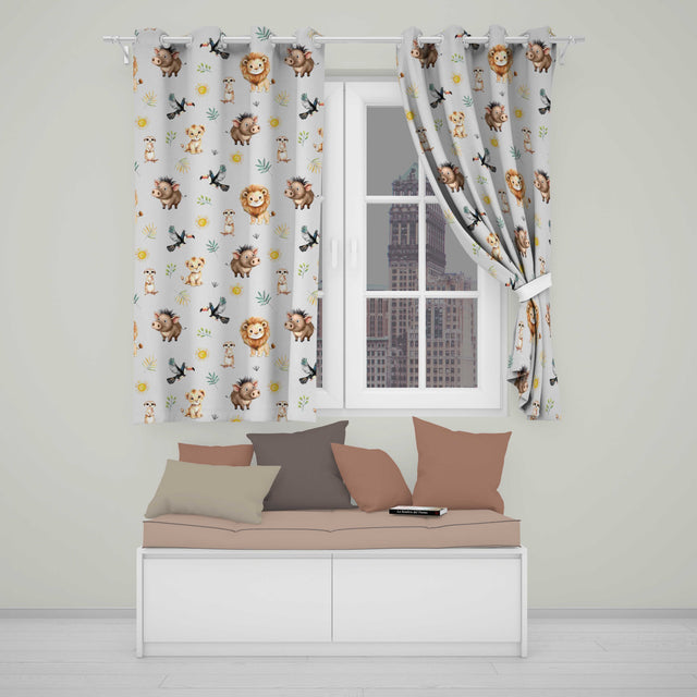 Jungle Animals Lion Meerkat Toucan on Grey Seamless Pattern  Readymade Eyelet Ring Top Thermal 100% Blackout Curtains